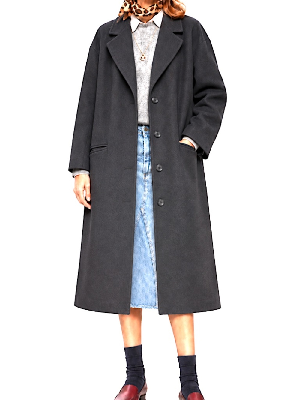 JESSICA LONDON oversized black coat wool cashmere classic midi button pockets XL